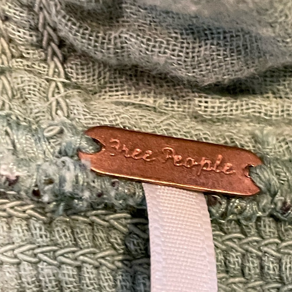 Large Free People chic mini dress light sage embroidered empire lined cotton